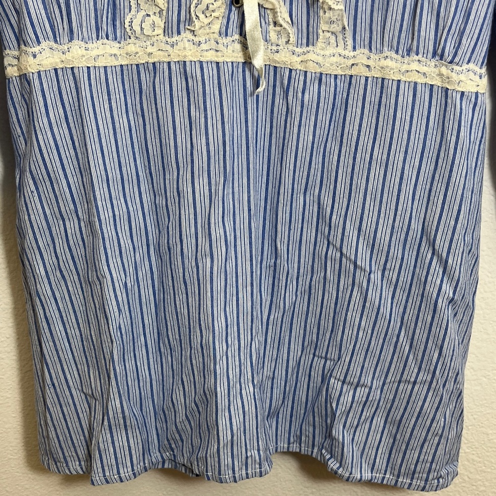 Denim 24/7 Blue Cotton Plus Size Striped Cream Lace-Trim Peasant Top - Picture 8 of 11